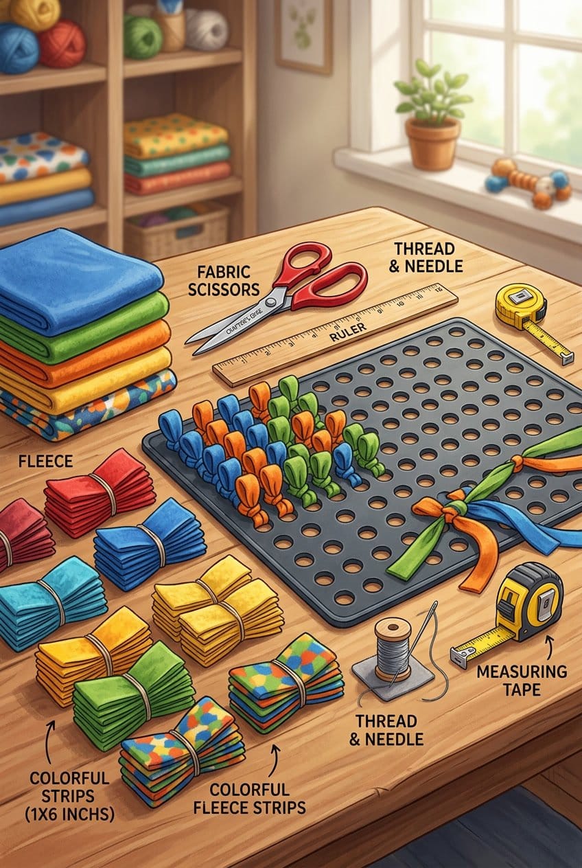 A table displaying colorful fabric strips, scissors, a rubber mat with holes, a ruler, and sewing tools needed to make a dog snuffle mat.