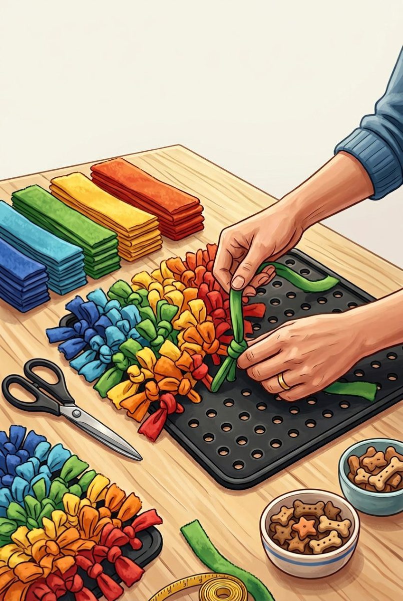 Hands tying colorful fabric strips onto a rubber mat to make a dog snuffle mat, with crafting materials and dog treats on a clean workspace.