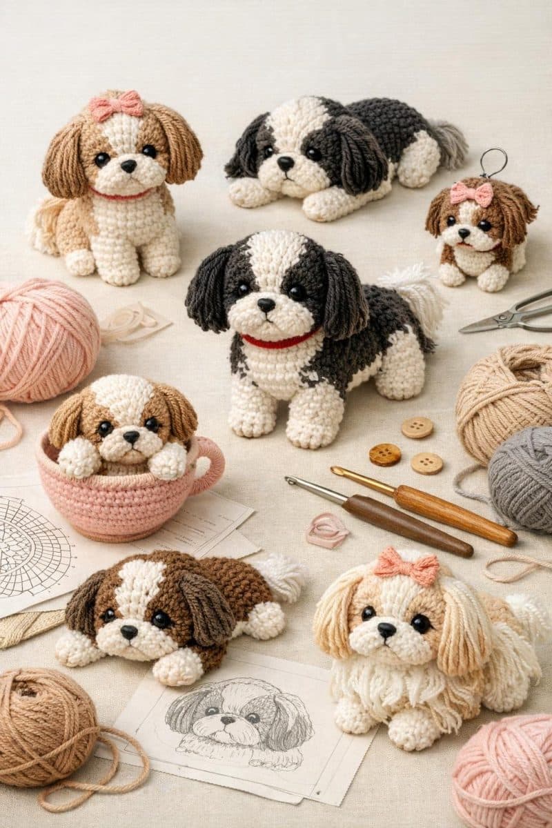 Several crocheted Shih Tzu dogs in different colors and poses displayed with yarn and crochet hooks on a plain surface.