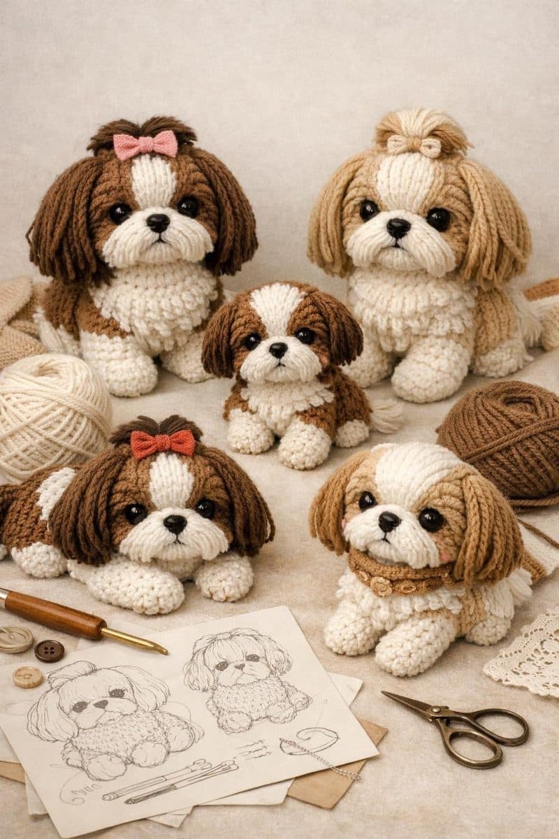 Several crocheted Shih Tzu dog figures arranged on a soft background with crochet tools nearby.