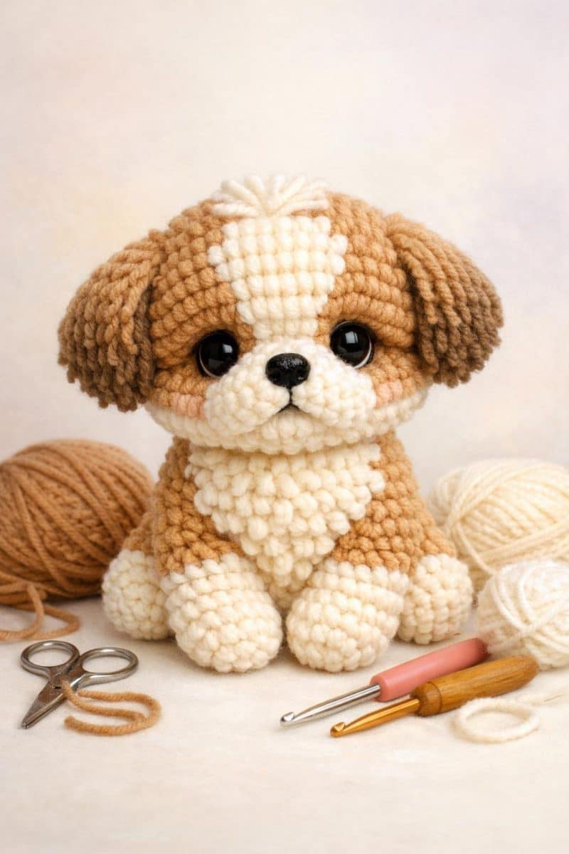 A small baby Shih Tzu puppy sitting upright with soft, fluffy fur made from crochet yarn, surrounded by yarn balls and crochet hooks.