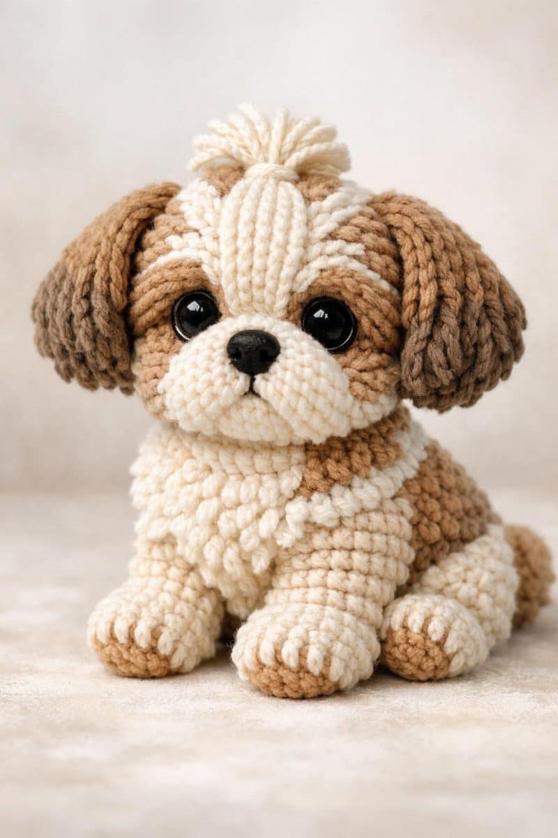 A crocheted Shih Tzu puppy sitting with floppy ears and expressive eyes.