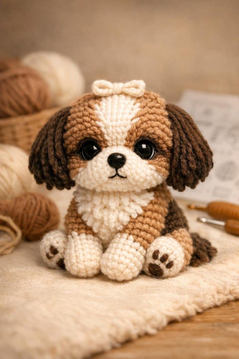 A crocheted Shih Tzu dog doll sitting on a soft surface with yarn and crochet tools around it.