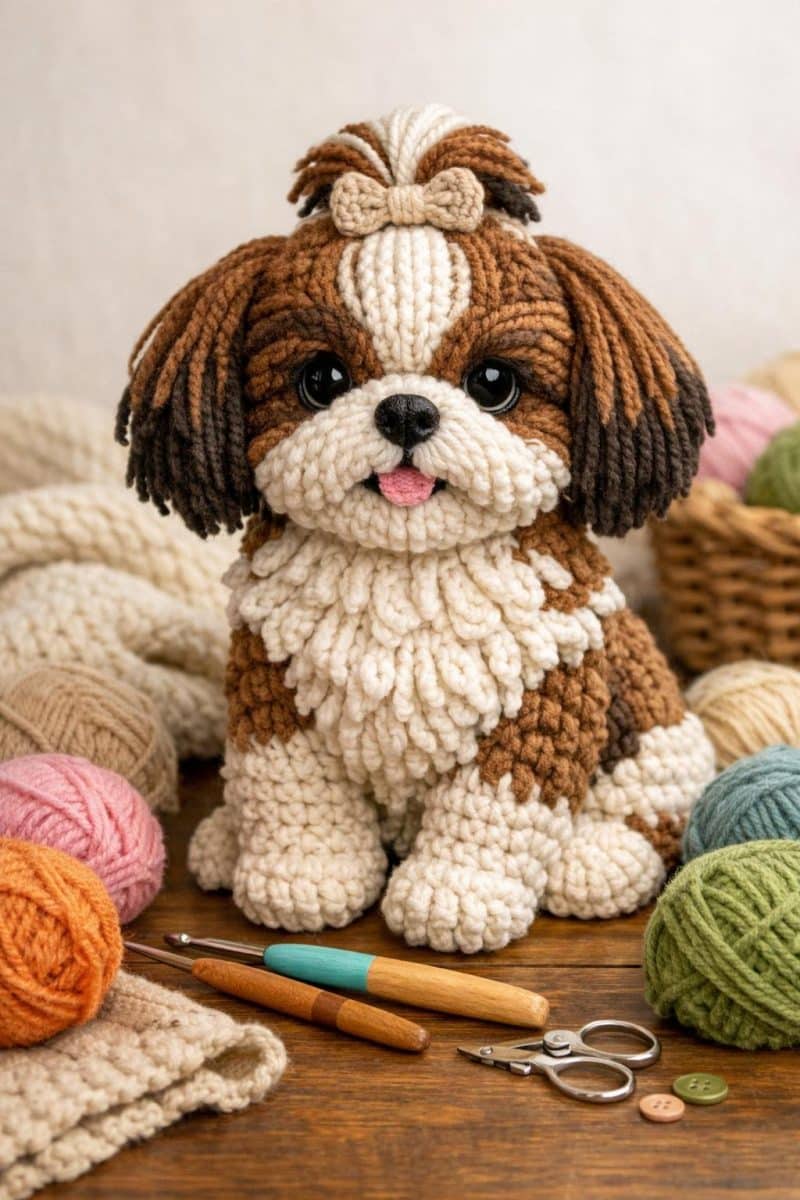 A crocheted Shih Tzu dog sitting with yarn and crochet hooks around it in a cozy crafting setting.