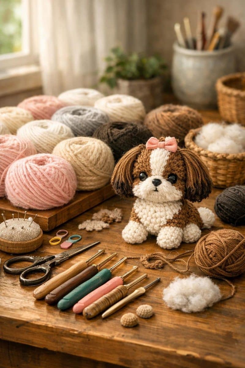 A crafting workspace with colorful yarn, crochet hooks, scissors, and a partially completed crochet Shih Tzu figure on a wooden table.