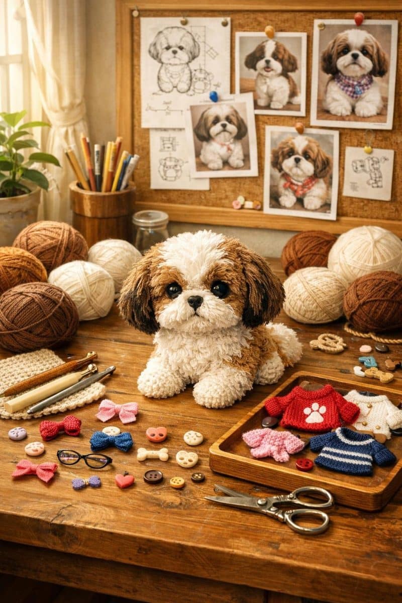 A crafting workspace with yarn, crochet tools, and a partially completed Shih Tzu crochet figure surrounded by small decorative items.