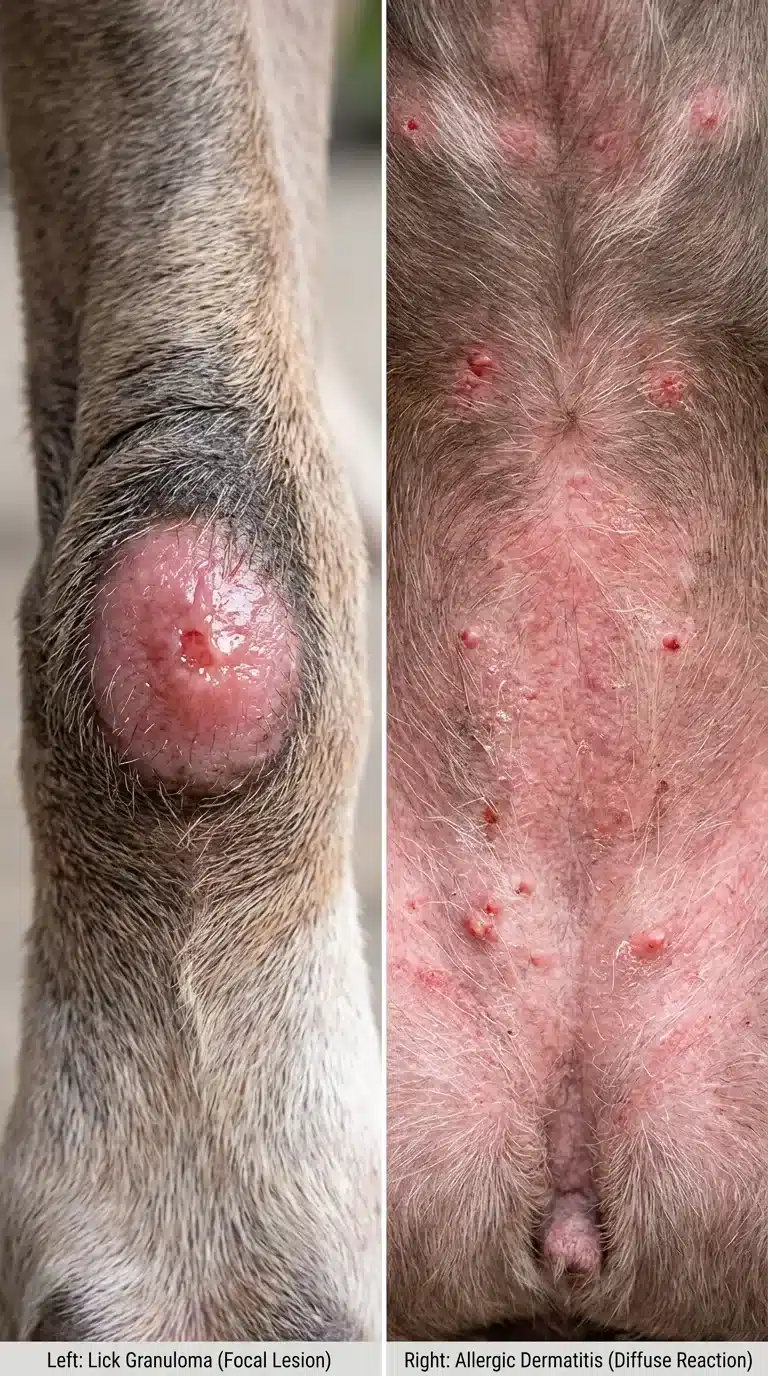 Lick Granuloma Vs Skin Allergy In Dogs: Key Differences 2 What does a lick granuloma look like compared with a skin allergy?