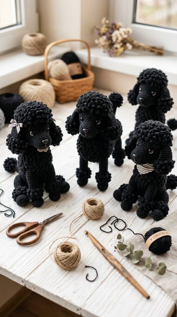 Several black poodle crochet dolls arranged on a white wooden surface with natural soft light highlighting the detailed yarn stitches.