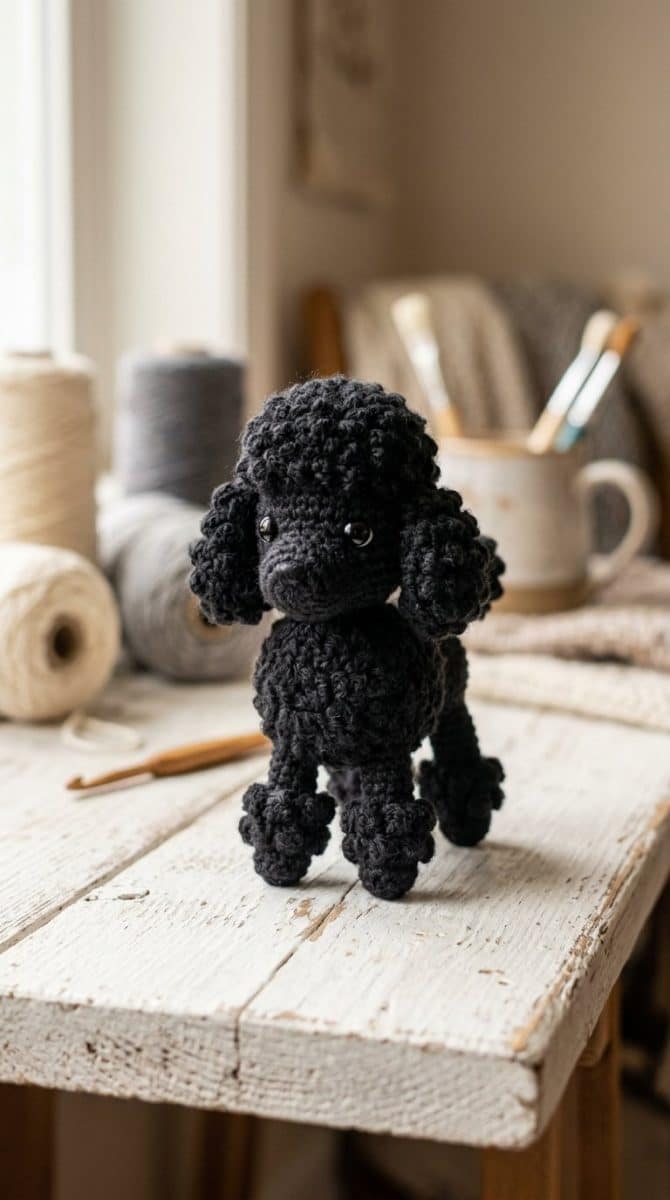 A small black poodle crochet toy placed on a white wooden surface with soft natural light highlighting its detailed yarn stitches.