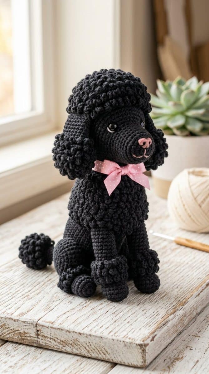 A handmade black crochet poodle with a bow sitting on a white wooden surface, illuminated by soft natural light.