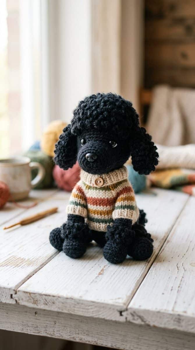 A black poodle puppy amigurumi crochet doll wearing a sweater, placed on a white wooden surface with soft natural light.