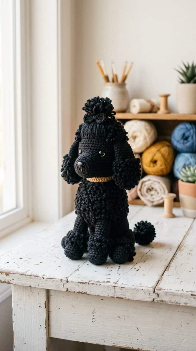 A handmade black poodle crochet toy with curly fur and a topknot sits on a white wooden surface, softly lit by natural light from a window.