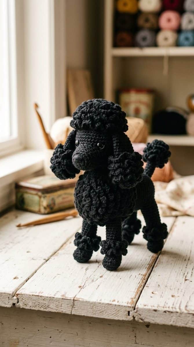 A black crocheted poodle doll with ruffled pompons sits on a white wooden surface, lit by soft natural light, showing detailed crochet stitches and yarn texture.