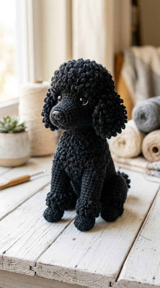 A handmade black poodle puppy amigurumi crochet toy displayed on a white wooden surface with soft natural light highlighting its detailed stitches.