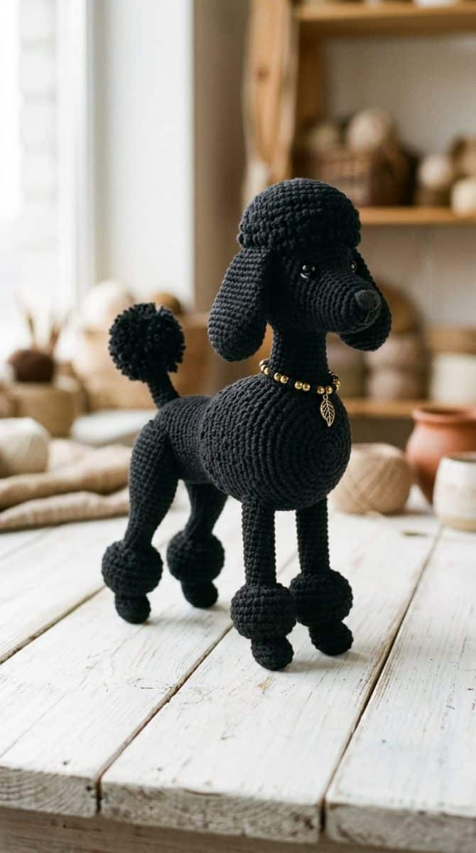 A black crocheted French poodle amigurumi with an elegant neck and collar sitting on a white wooden surface under soft natural light.