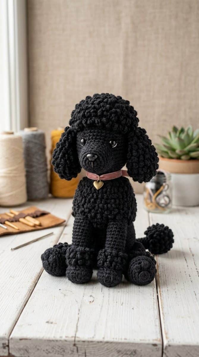 A handmade black poodle crochet toy sitting on a white wooden surface, lit by soft natural light from the side.