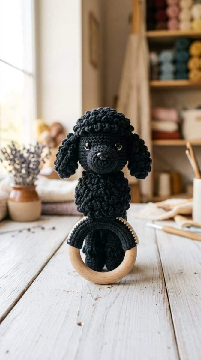 A handmade black poodle crochet baby rattle placed on a white wooden surface with soft natural light highlighting the detailed crochet stitches.