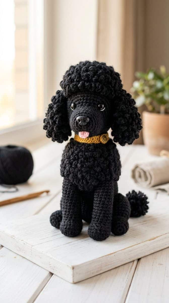 A handmade black poodle amigurumi crochet toy on a white wooden surface with soft natural window light highlighting the detailed stitches.