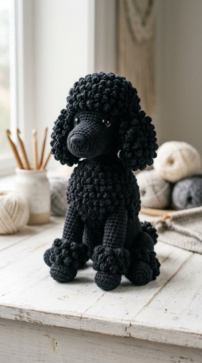 A handmade black poodle crochet figure displayed on a white wooden surface with soft natural side lighting.