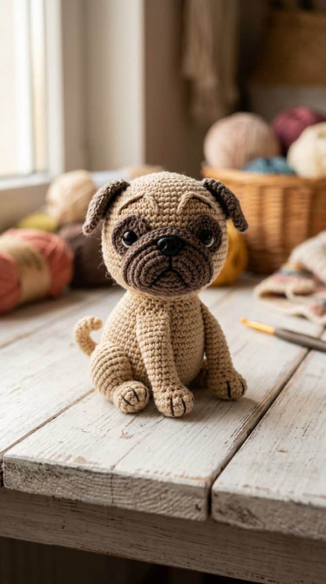 A handmade crochet pug amigurumi placed on a white wooden surface with soft natural light highlighting its detailed stitches.
