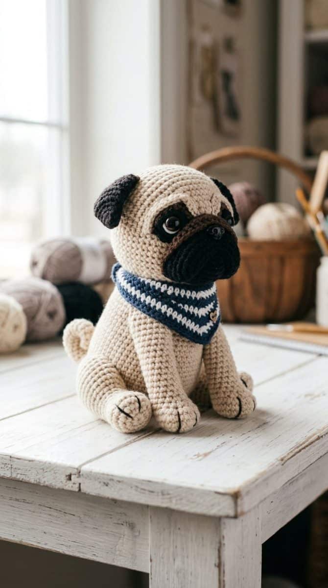 Crochet pug puppy sitting upright with detailed amigurumi stitches