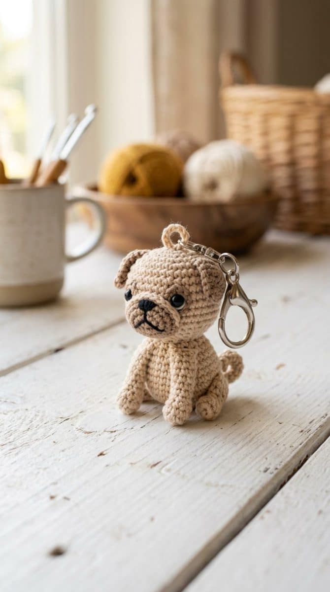 A handmade mini pug amigurumi keychain made of yarn resting on a white wooden surface with soft natural light highlighting the crochet stitches.