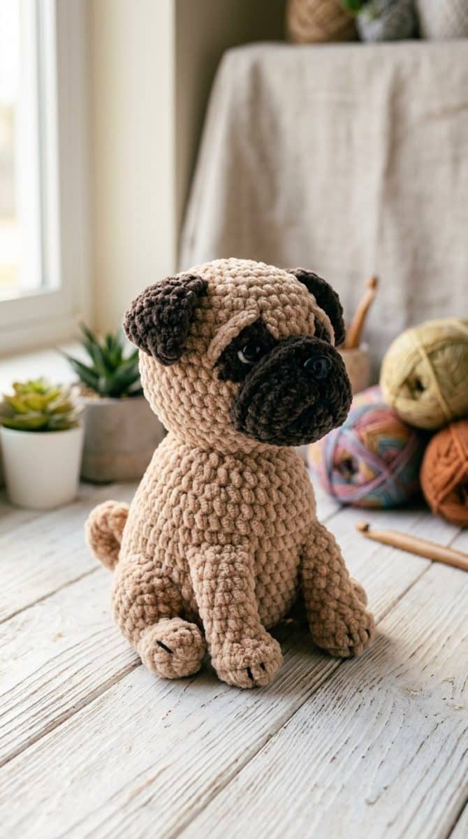 A handmade fluffy chenille pug plush crocheted amigurumi placed on a white wooden surface with soft natural light highlighting the detailed stitches and texture.