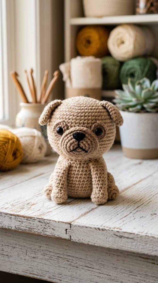 A handmade round-head pug crochet toy displayed on a white wooden surface with soft natural light highlighting its detailed stitches.
