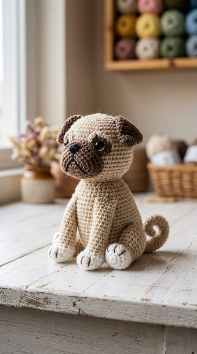 Handmade crocheted pug amigurumi with a curly tail sitting on a white wooden surface, illuminated by soft natural side light.