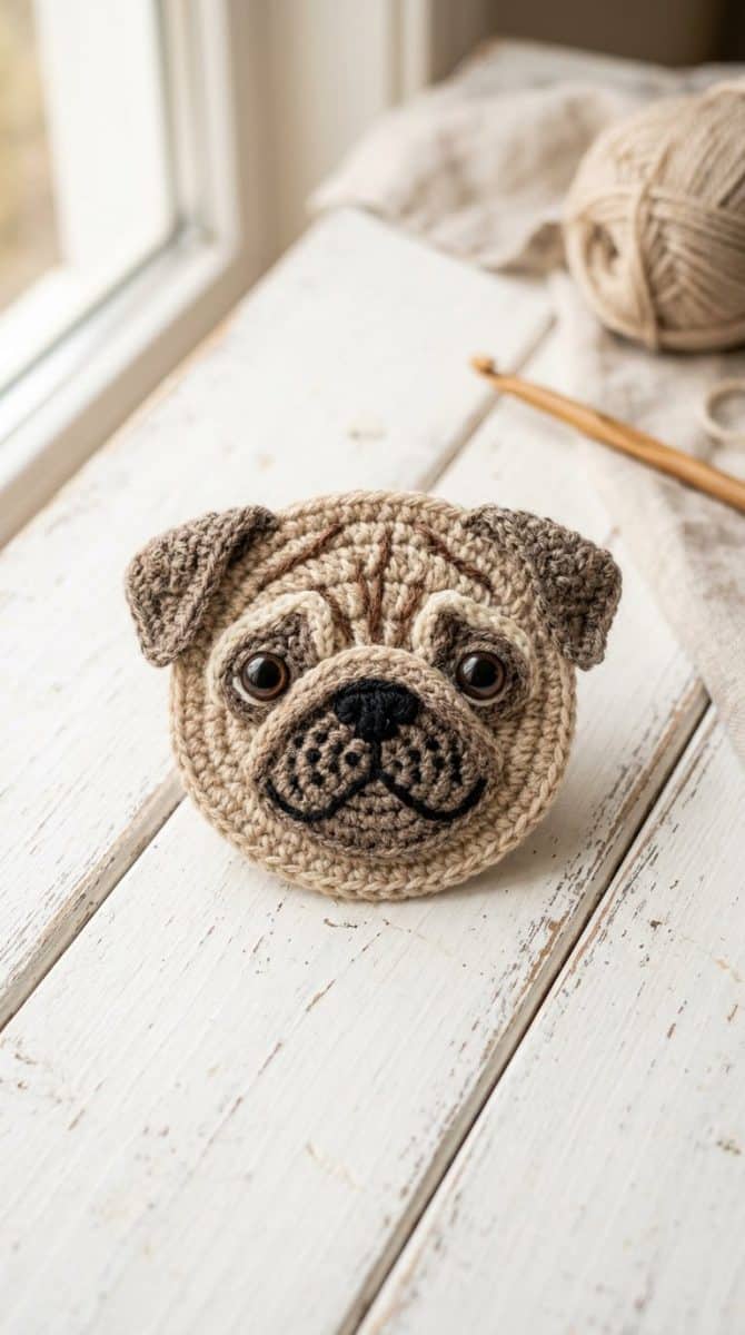 Close-up of a handmade crochet pug face applique on a white wooden surface with soft natural light highlighting the detailed stitches.