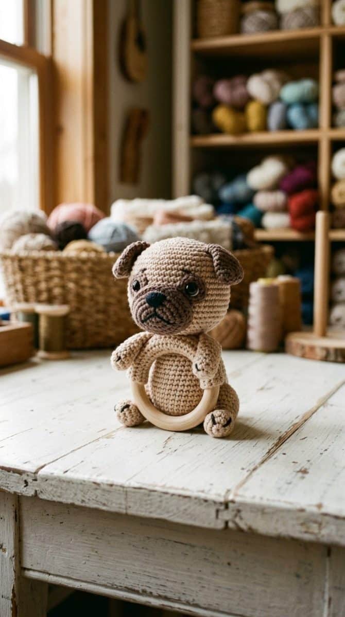 A small crocheted pug baby rattle made of yarn placed on a white wooden surface with soft natural light highlighting its detailed stitches.