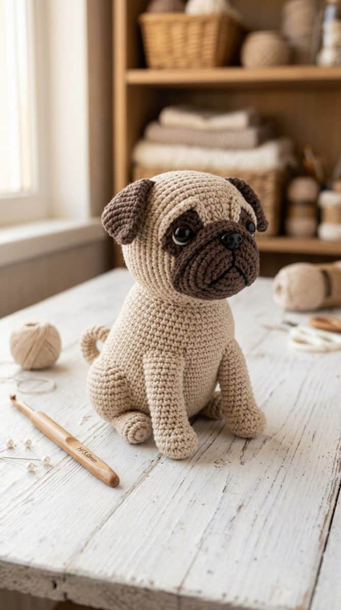 Close-up of a handmade crochet pug amigurumi on a white wooden surface with detailed stitches and yarn texture.