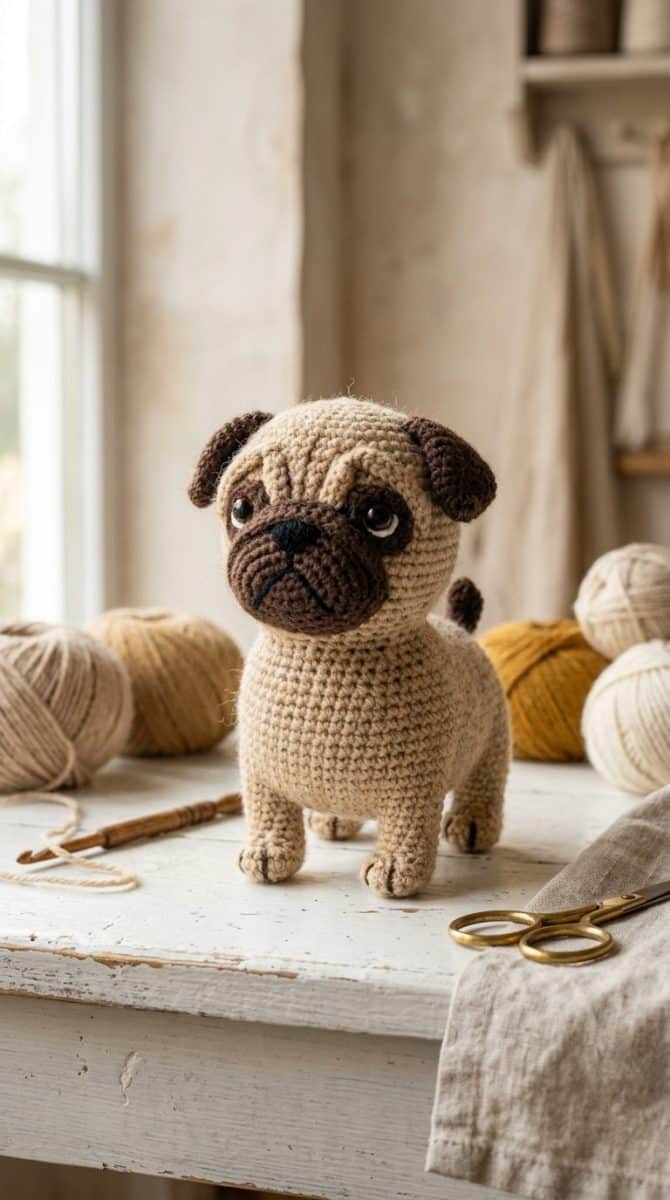 A handmade crochet pug amigurumi on a white wooden surface with soft natural light highlighting the detailed stitches.