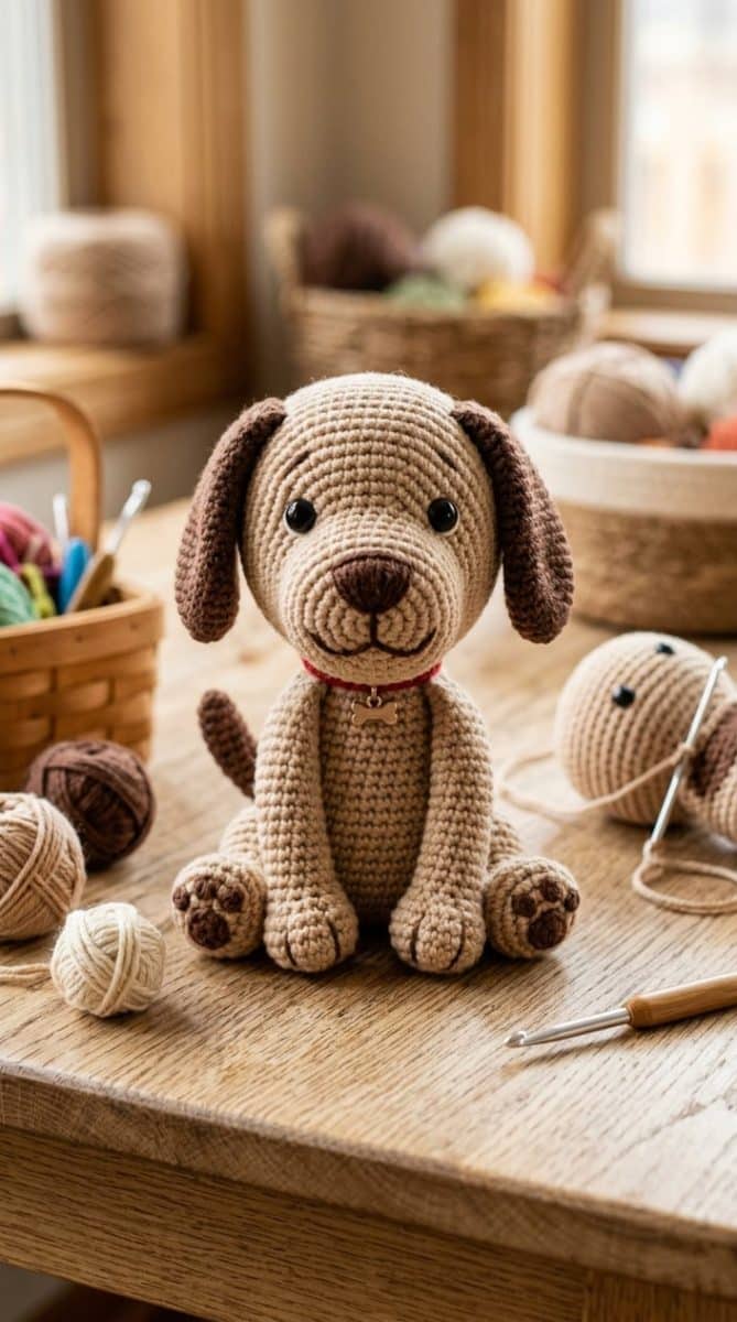 A handmade crochet Labrador Retriever doll sitting on a neutral background with yarn and crochet tools nearby.