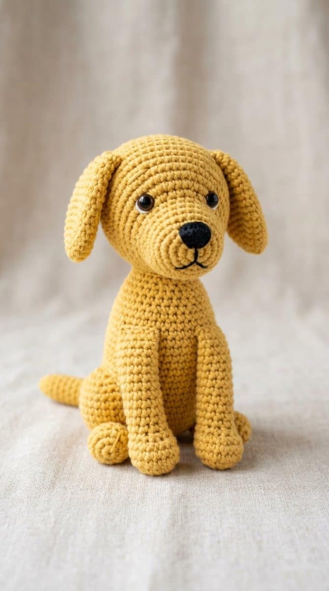 A yellow Labrador Retriever crochet toy with floppy ears sitting on a plain background.