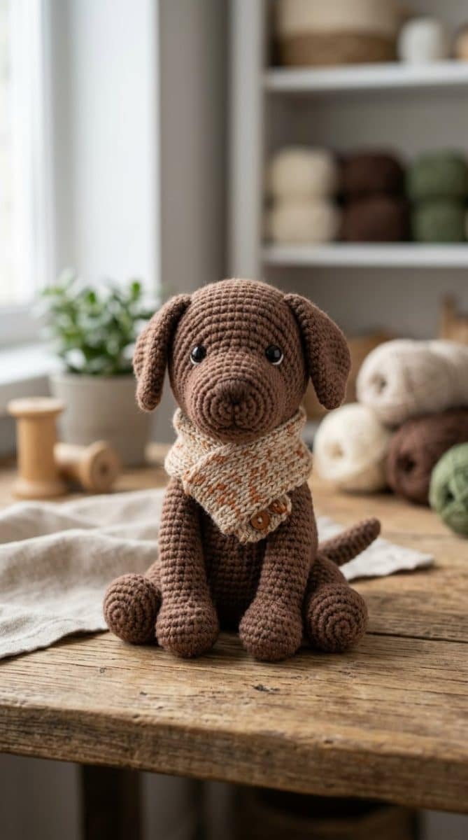 A chocolate brown crocheted Labrador Retriever puppy toy wearing a removable scarf, sitting on a plain background.