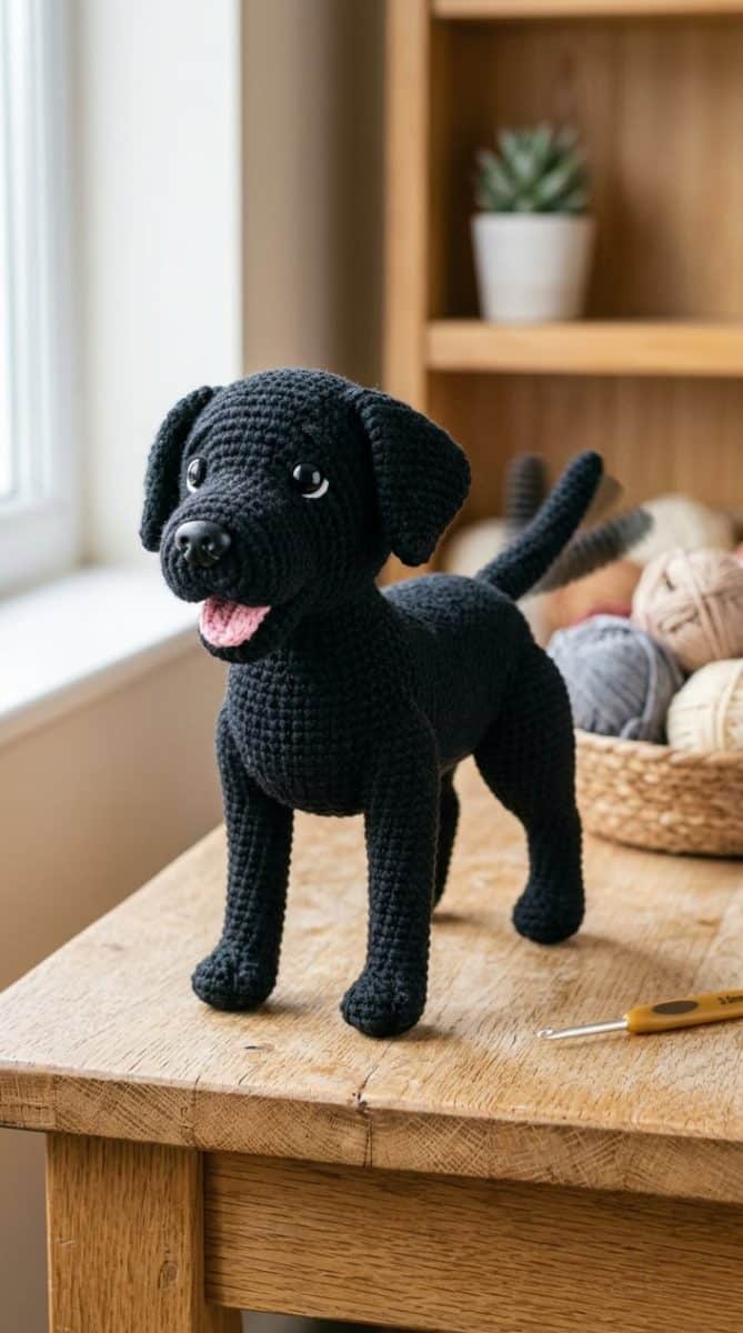 A black crocheted Labrador Retriever amigurumi standing with its tail wagging on a plain background.