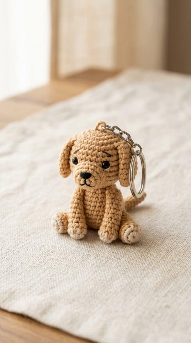 A small crocheted Labrador Retriever keychain on a neutral background.