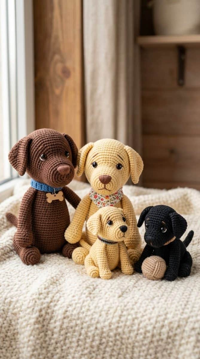 A set of four crocheted Labrador Retriever dolls: two adult Labradors and two puppies arranged together.