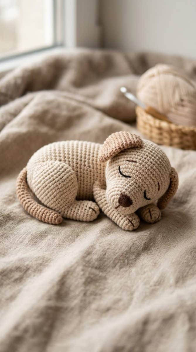 A crocheted Labrador Retriever toy lying curled up with its tail wrapped around its body as if sleeping.