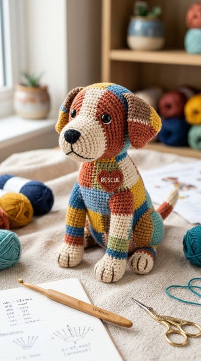 A crocheted Labrador Retriever amigurumi made from mixed yarns sitting on a plain background with crochet tools nearby.