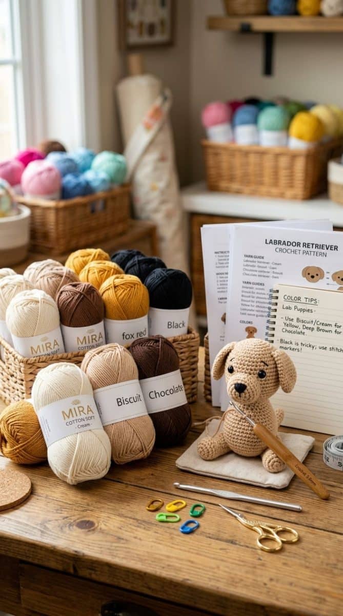 A workspace with colorful yarns, crochet hooks, and a small crocheted Labrador dog figure on a wooden table.