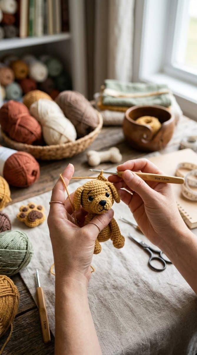 Hands crocheting a small Labrador Retriever amigurumi surrounded by yarn and crochet tools.