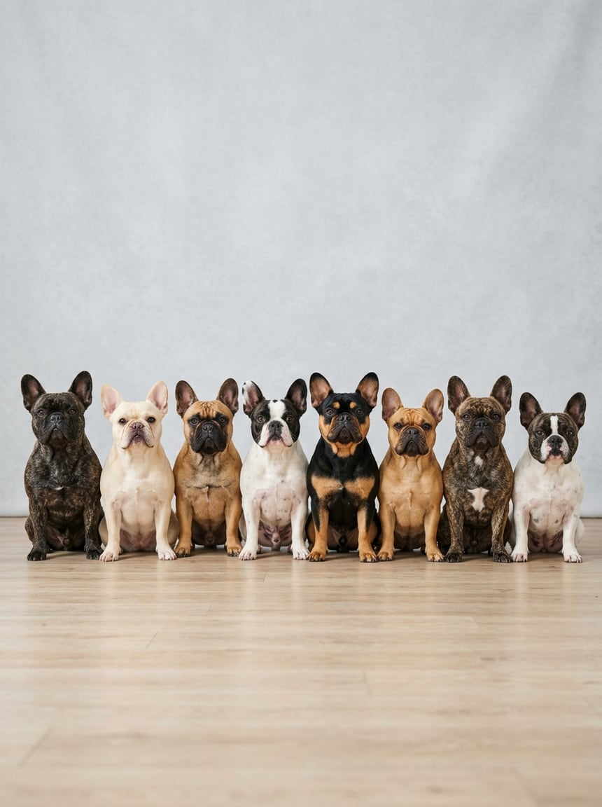 French Bulldog Colors & Genetics: The Complete Guide to Every Coat, Pattern, and Rarity 4 A group of French Bulldogs in different standard coat colors posed together against a plain background.