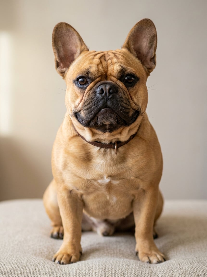 French Bulldog Colors & Genetics: The Complete Guide to Every Coat, Pattern, and Rarity 5 A fawn-colored French Bulldog sitting calmly with perked ears and a relaxed expression against a plain background.