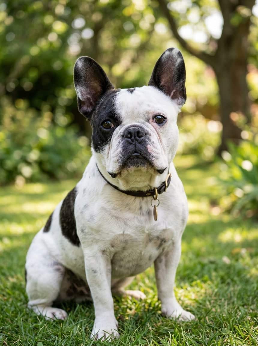French Bulldog Colors & Genetics: The Complete Guide to Every Coat, Pattern, and Rarity 9 A French Bulldog with a white and black piebald coat sitting on grass outdoors, looking attentively ahead.