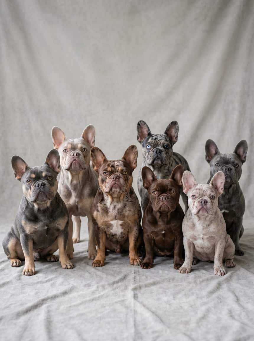 French Bulldog Colors & Genetics: The Complete Guide to Every Coat, Pattern, and Rarity 10 A group of French Bulldogs with various rare coat colors including blue, lilac, chocolate, merle, and brindle, sitting and standing on a neutral background.