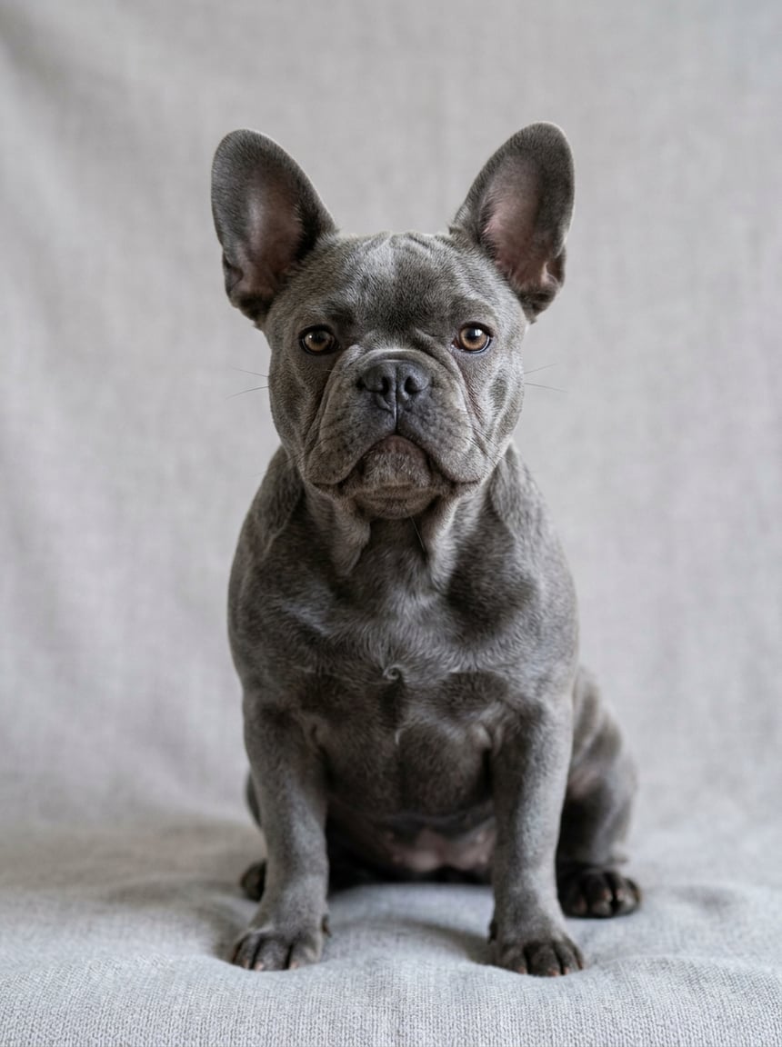 French Bulldog Colors & Genetics: The Complete Guide to Every Coat, Pattern, and Rarity 11 A blue French Bulldog sitting and looking towards the camera against a plain background.