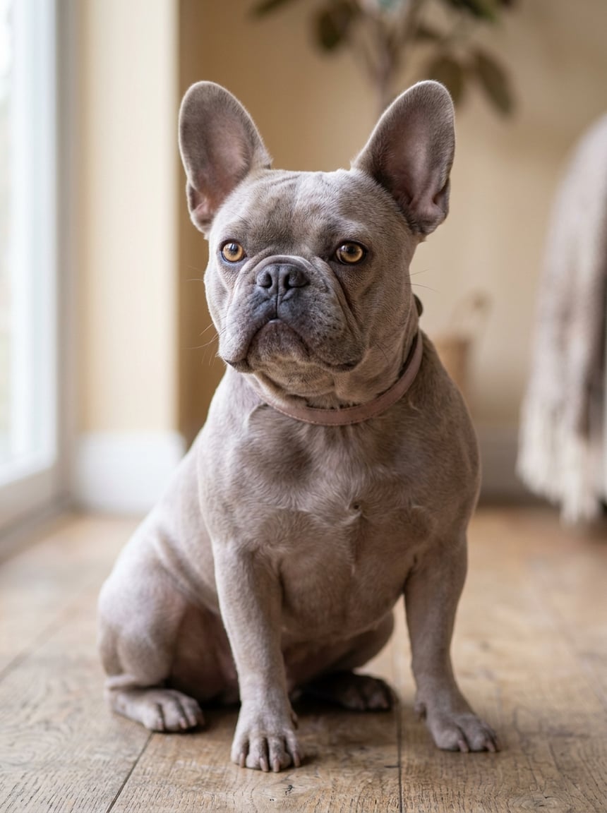 French Bulldog Colors & Genetics: The Complete Guide to Every Coat, Pattern, and Rarity 12 A lilac-colored French Bulldog sitting calmly with a neutral background.