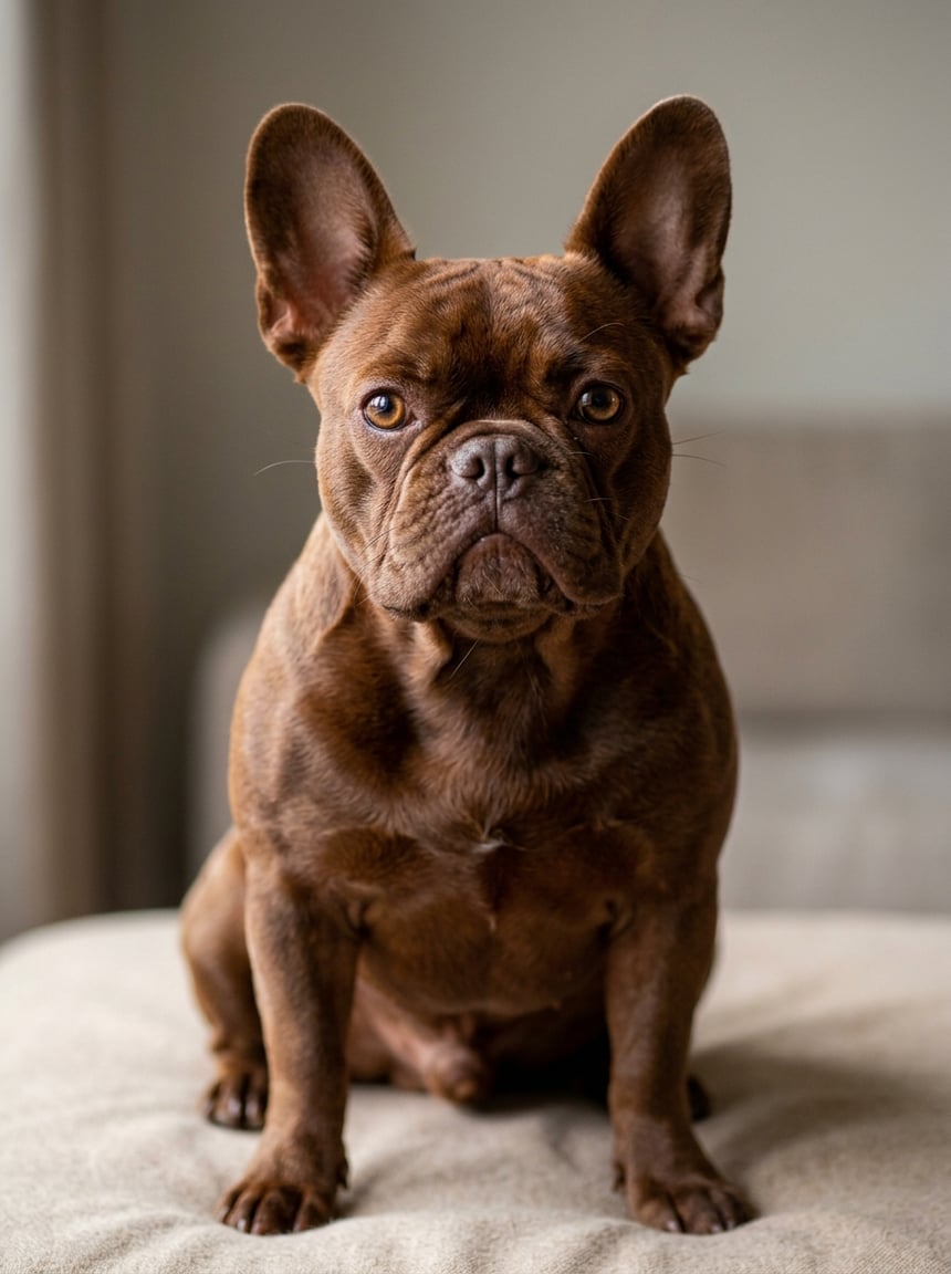 French Bulldog Colors & Genetics: The Complete Guide to Every Coat, Pattern, and Rarity 15 Close-up of a French Bulldog with a reddish chocolate coat sitting calmly against a neutral background.